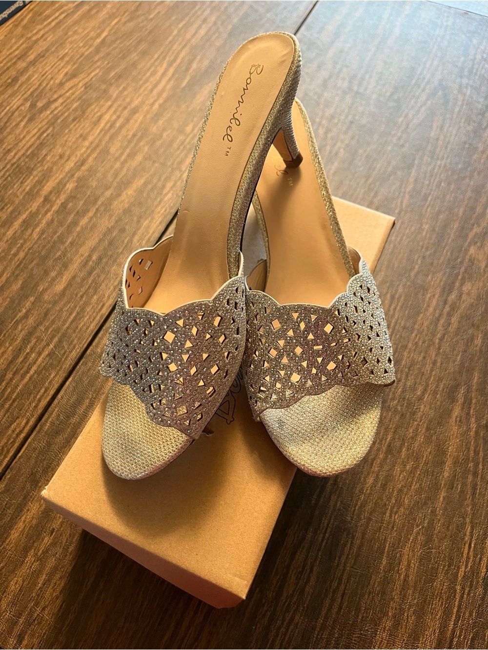 Bonnibel Celia Silver Glitter Scalloped Open-Toe Mules